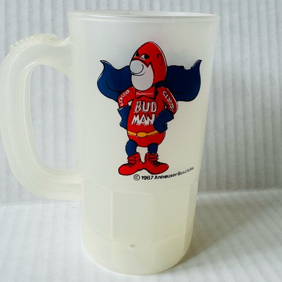 💚 Set: VintageRARE 1987 Bud Man Super Mug Made in USA; 5.25”tall. And STICKER! - Picture 3 of 6